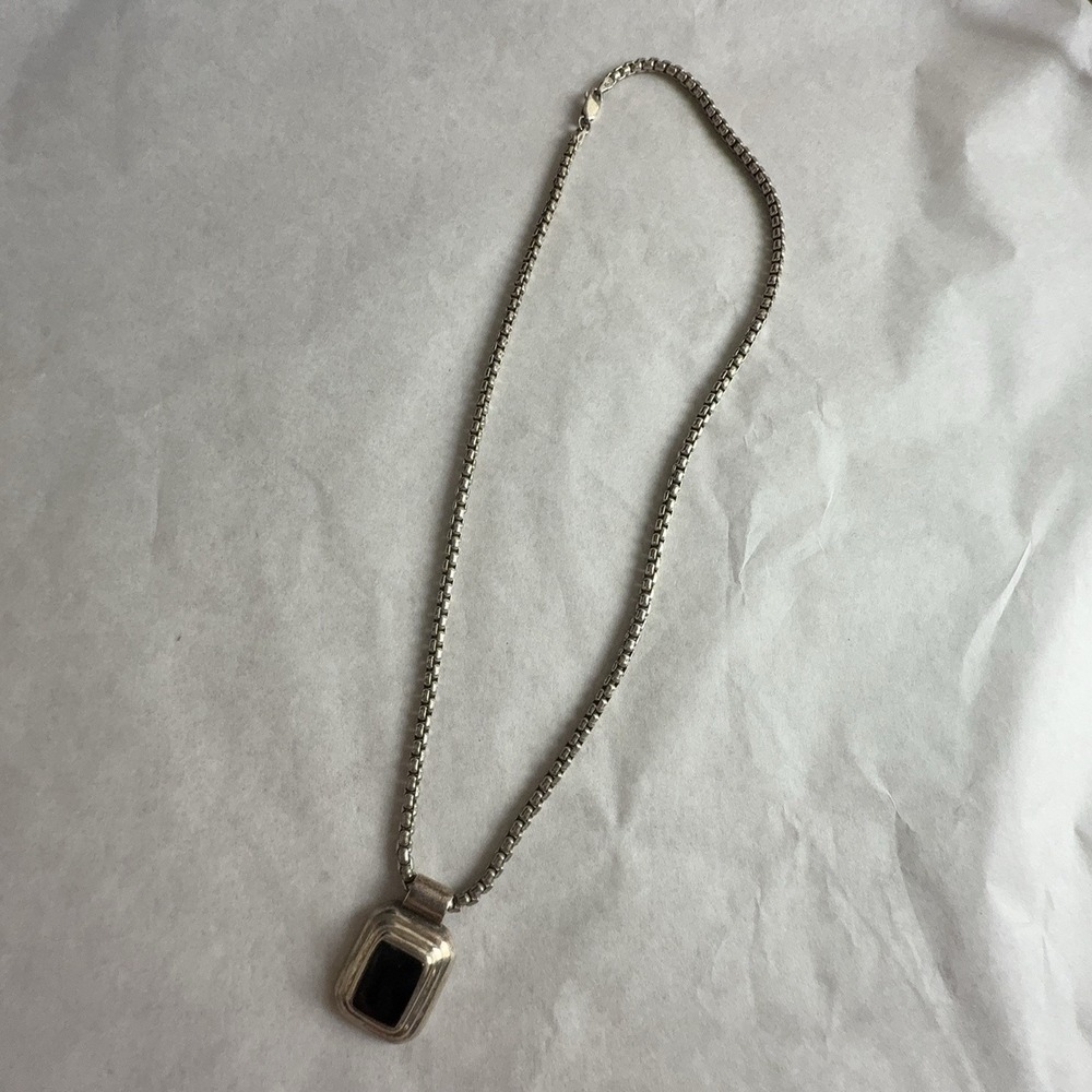 Sterling Silver 925 Black Stone Rectangular Pendant Necklace Mexico Box Chain